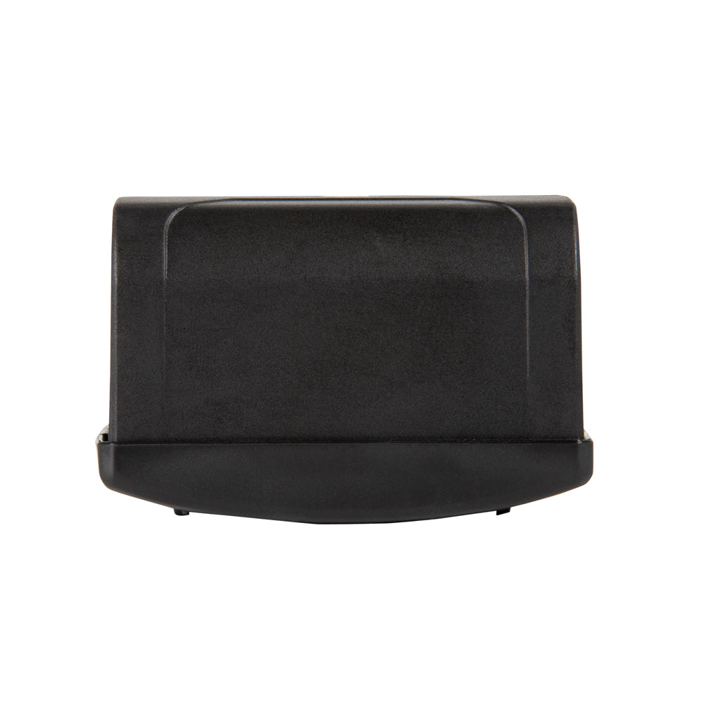 A black plastic electronic device or adapter with a textured front panel and a smooth curved base, shown from the back against a plain white background.