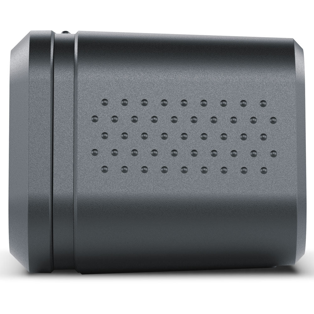 A dark gray cylindrical electronic device with a perforated vent pattern on its side, shown against a plain white background.