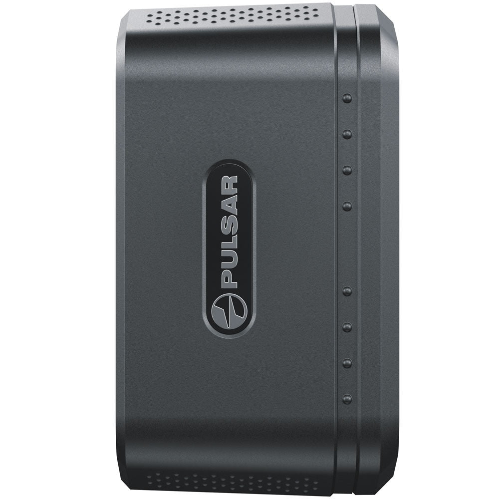 A dark gray rectangular electronic device with a vertical 'PULSAR' logo badge on the front, perforated ventilation holes at the top and bottom, and a row of small side buttons, shown on a plain white background.