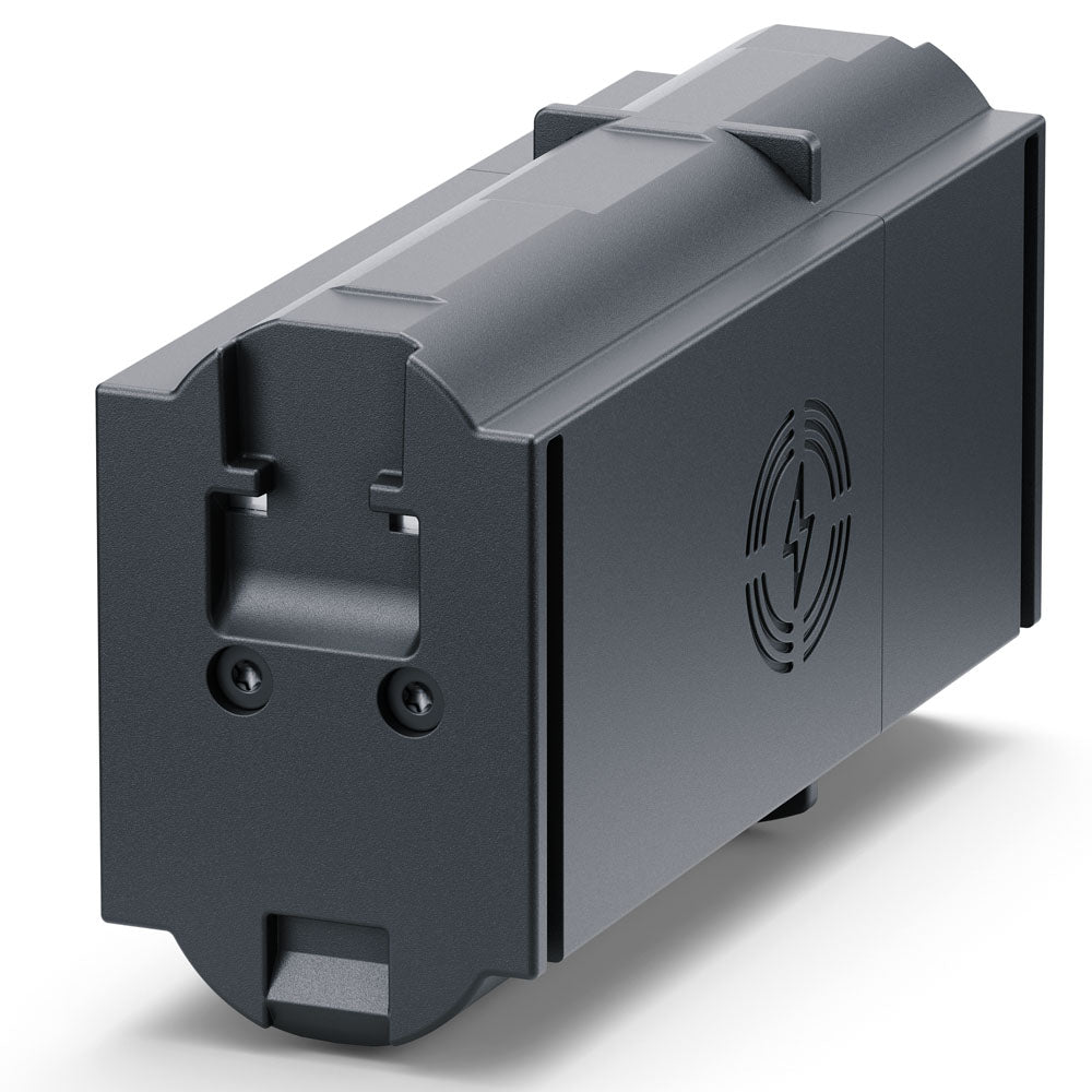 A dark gray industrial electronic module or battery pack with a matte finish, featuring a circular lightning bolt logo on the side, shown on a clean white background.