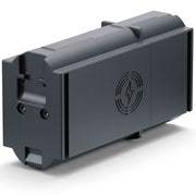 A dark gray rectangular electronic component or battery pack with a circular lightning bolt logo on the side, shown on a clean white background.