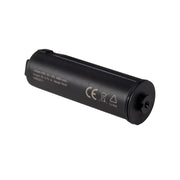 Black cylindrical battery with text and symbols on a white background