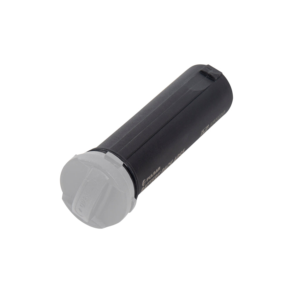 Black cylindrical object with a gray base on a white background