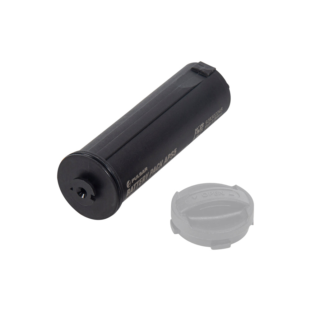 A black cylindrical battery pack with a translucent gray cap, shown on a plain white background. The battery has 'MAGNA-RED BATTERY PACKS' printed on its side.