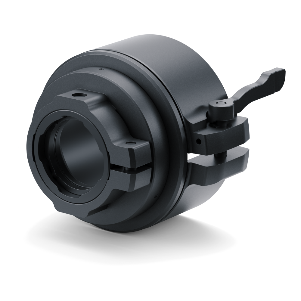 A black metal clamp fitting with a side release lever, shown on a clean white background.