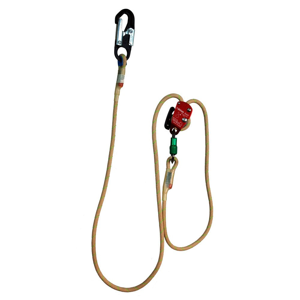 Safety harness with a carabiner and rope on a white background