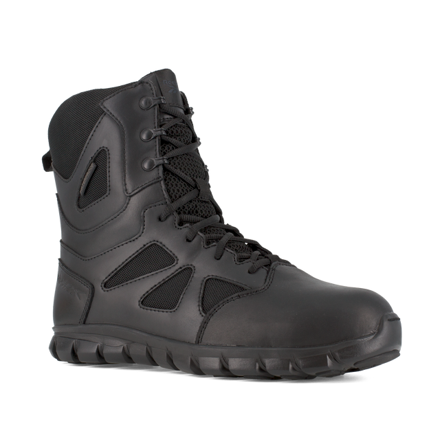 Reebok Men's 8" Sublite Cushion Tactical Waterproof Boot Black RB8807 – 3/4 Right Front View