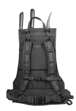Black tactical backpack with multiple straps on a white background