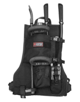 Black scuba diving backpack with multiple straps on a white background