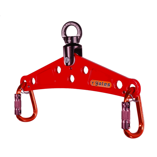 Red lifting hook with carabiners on a white background