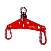 Red lifting hook with carabiners on a white background