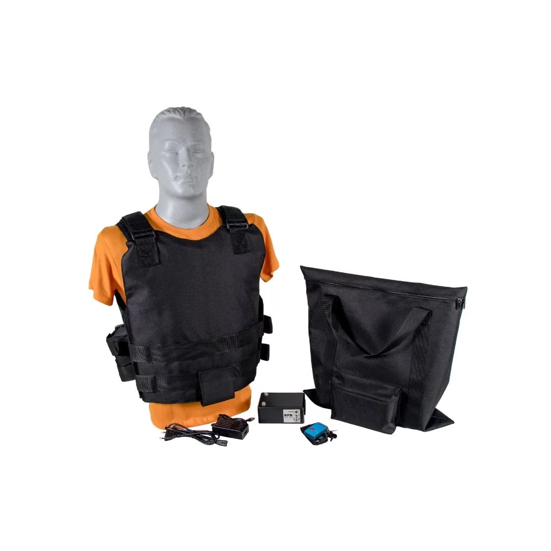 Black tactical vest and bag on a mannequin with accessories on a white background