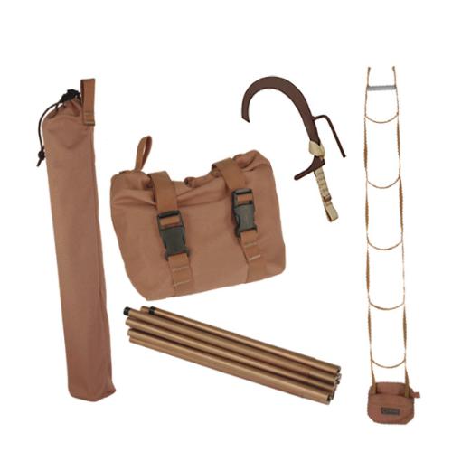Collection of brown outdoor equipment including a bag, sticks, and a ladder on a white background
