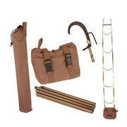 Collection of brown outdoor equipment including a bag, sticks, and a ladder on a white background