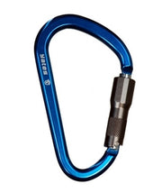 Blue carabiner with a silver lock on a white background
