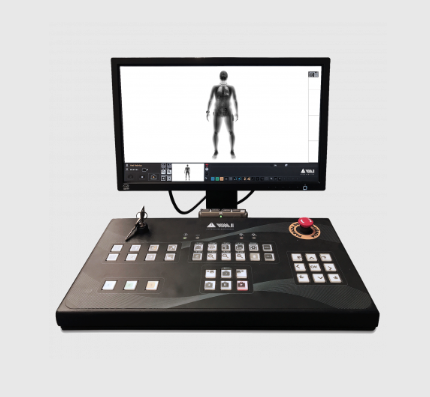 VMI BodyScan operator console showing full-body transmission scan on review software