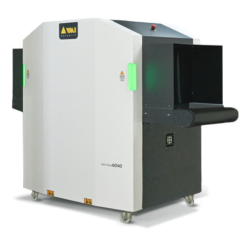 VMI Spectrum 6040 P3D conveyor X-ray baggage inspection scanner, front three-quarter view