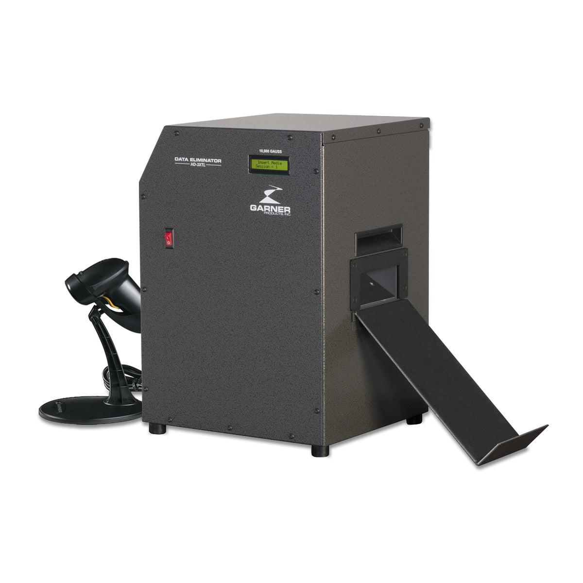 Garner HD-3XTL magnetic media degausser shown in its exact reporting configuration