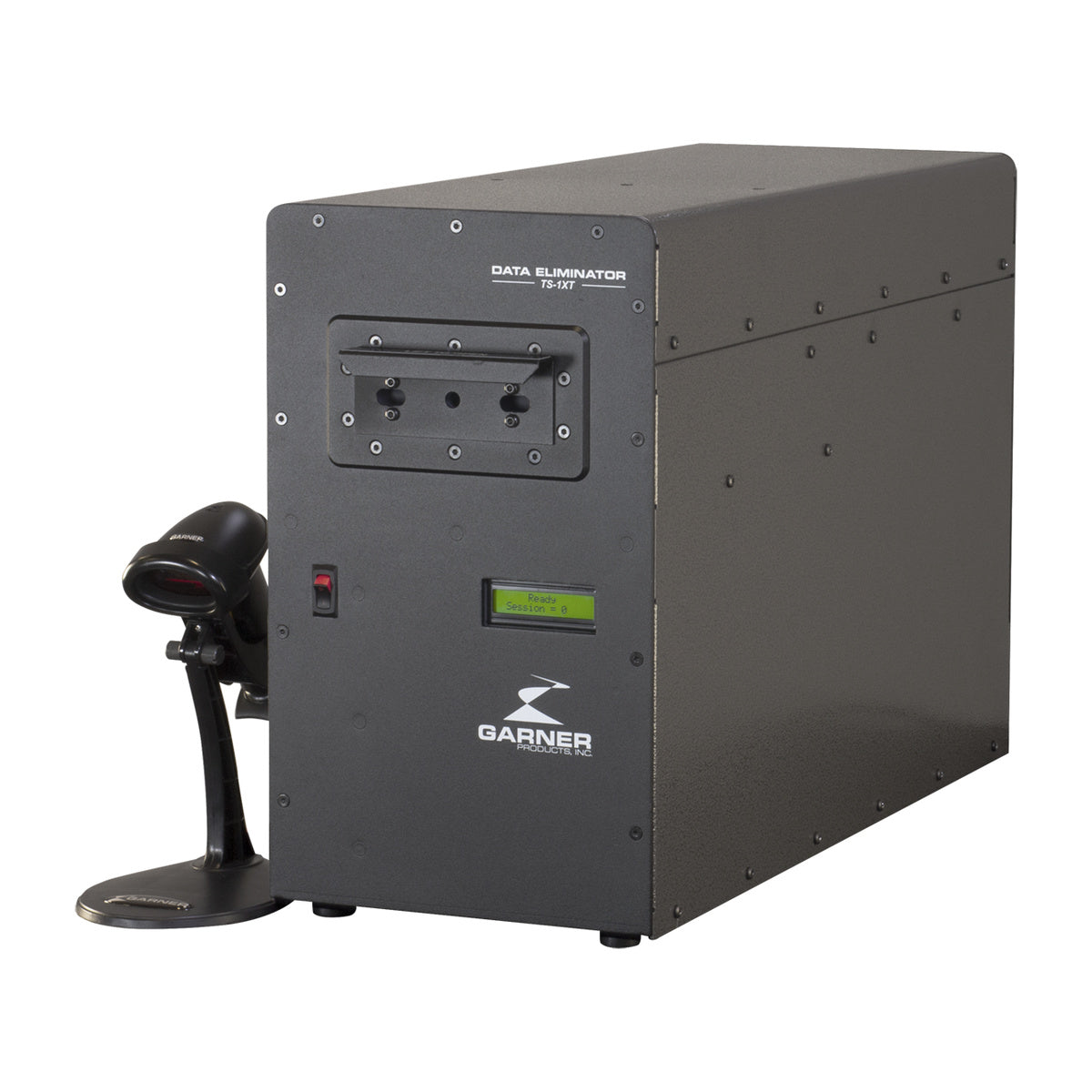 Garner TS-1XT magnetic media degausser shown in its exact reporting configuration