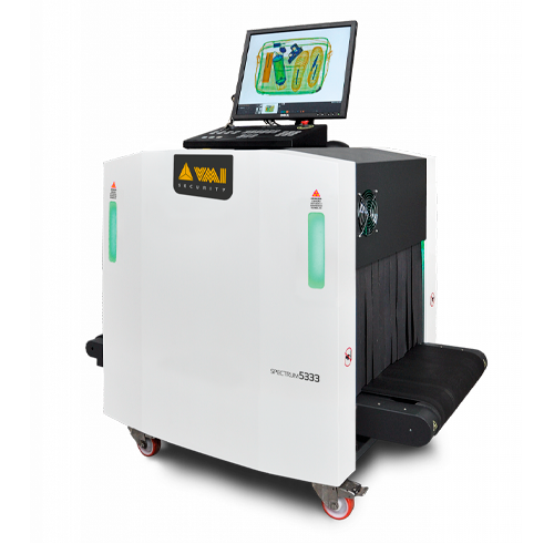VMI Spectrum 5333 conveyor X-ray baggage inspection scanner, front three-quarter view