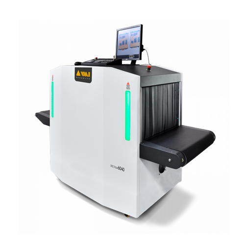 VMI Spectrum 6040 conveyor X-ray baggage inspection scanner, front three-quarter view