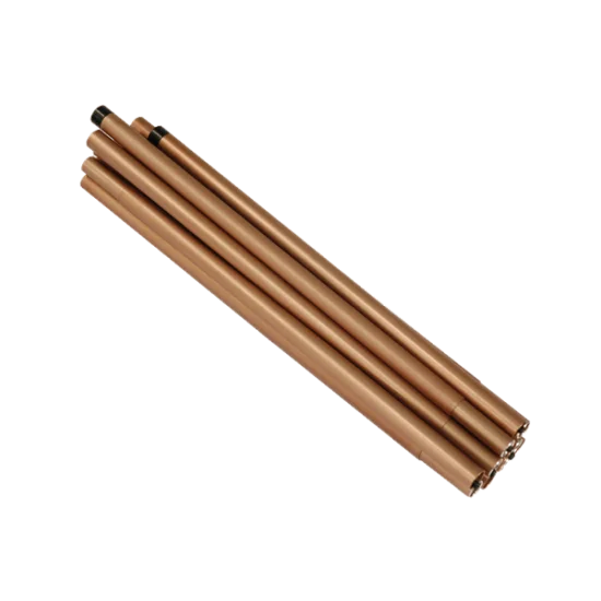 Set of six brown cylindrical objects on a white background