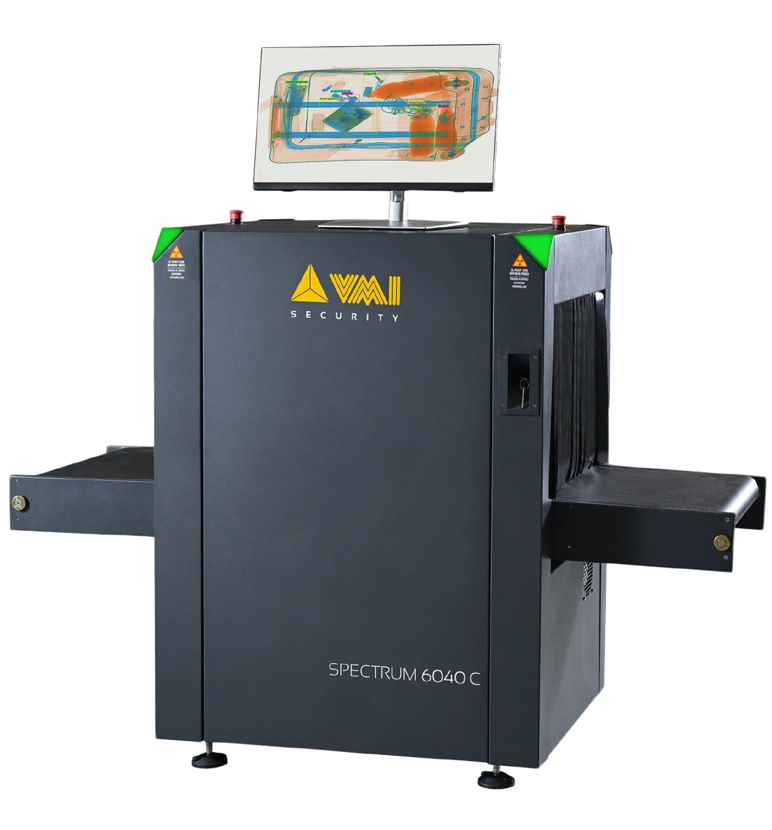 VMI Spectrum 6040 C conveyor X-ray baggage inspection scanner, front three-quarter view
