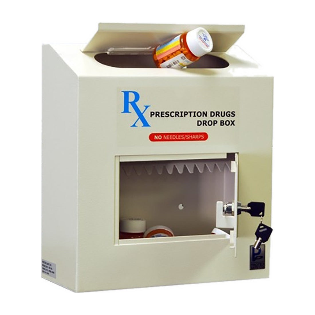 Protex RX-164 door open showing medication bottles inside the drop compartment