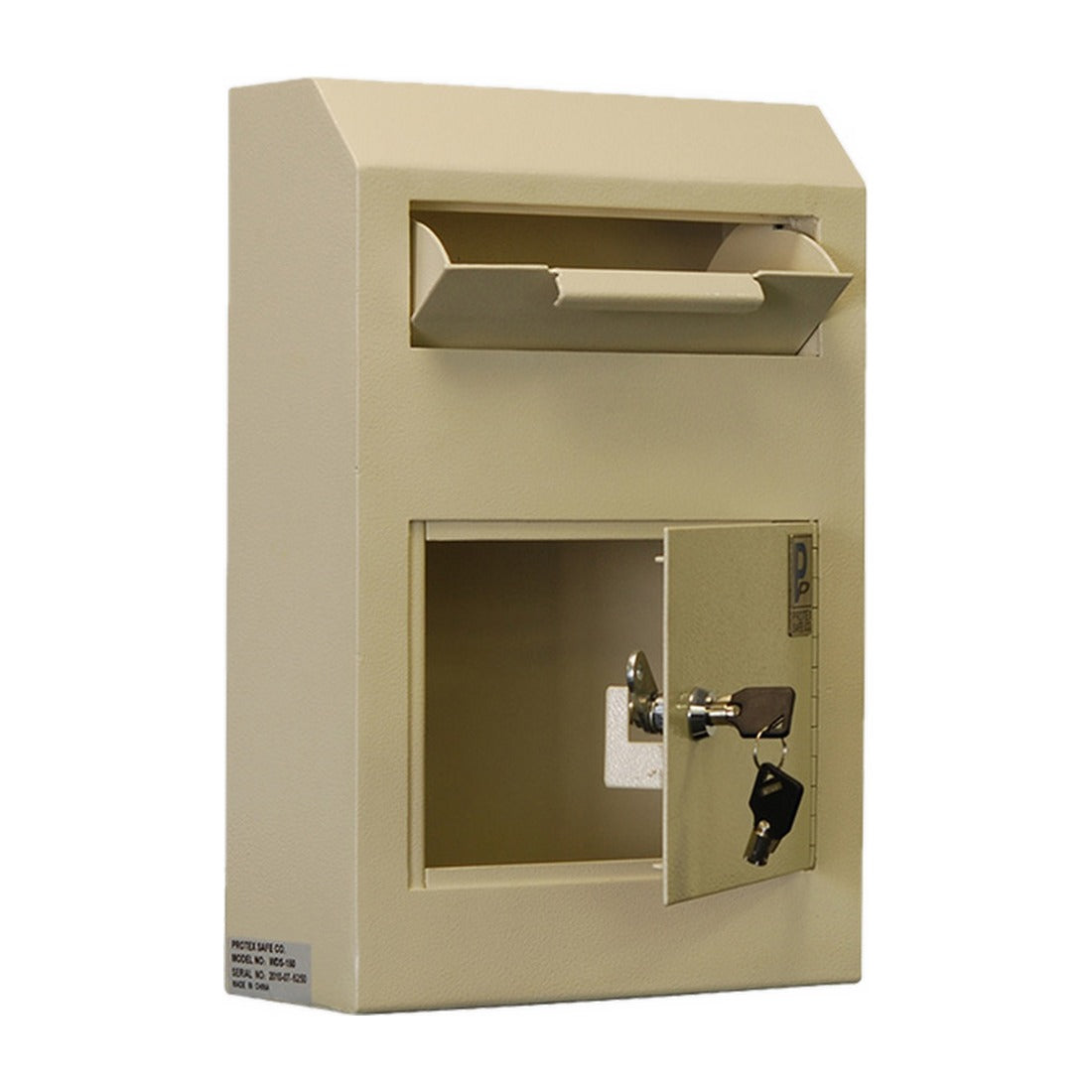 Protex WDS-150 beige door open showing interior compartment, key and tubular lock