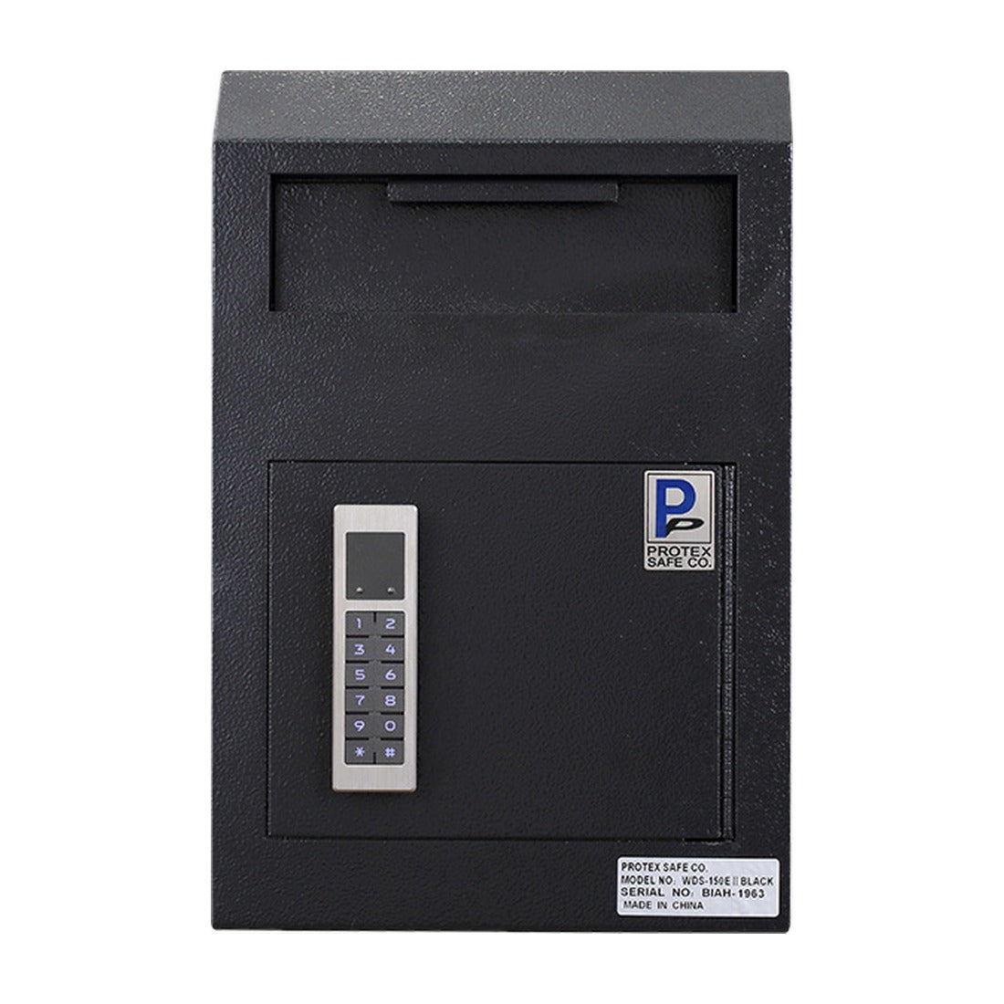 Protex WDS-150E II black front view with electronic keypad and closed door