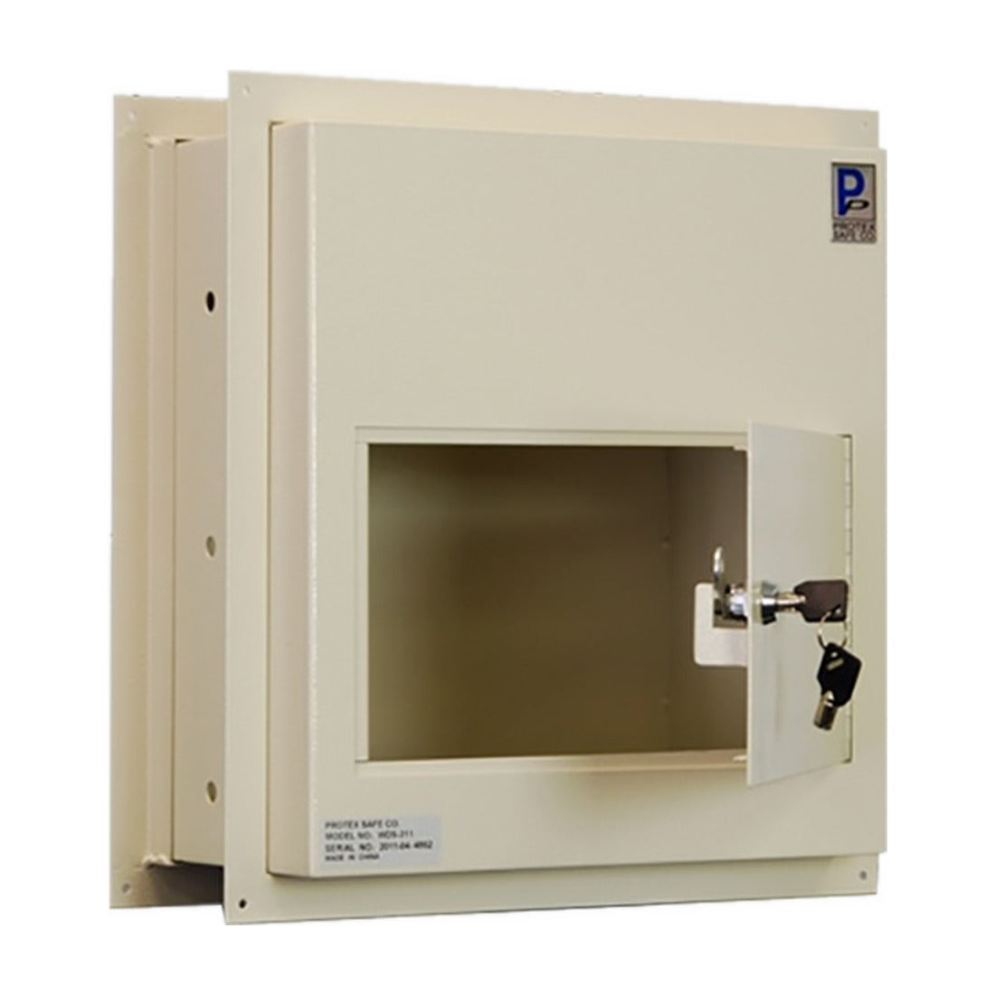 Protex WDS-311 beige collection door open showing interior compartment and keys