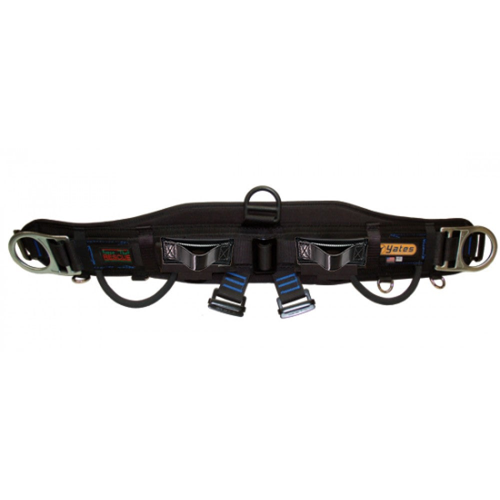 Black climbing harness with multiple straps on a white background