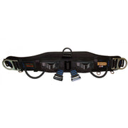 Black climbing harness with multiple straps on a white background