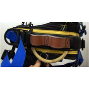 Close-up of a climbing harness with blue and yellow straps on a white background