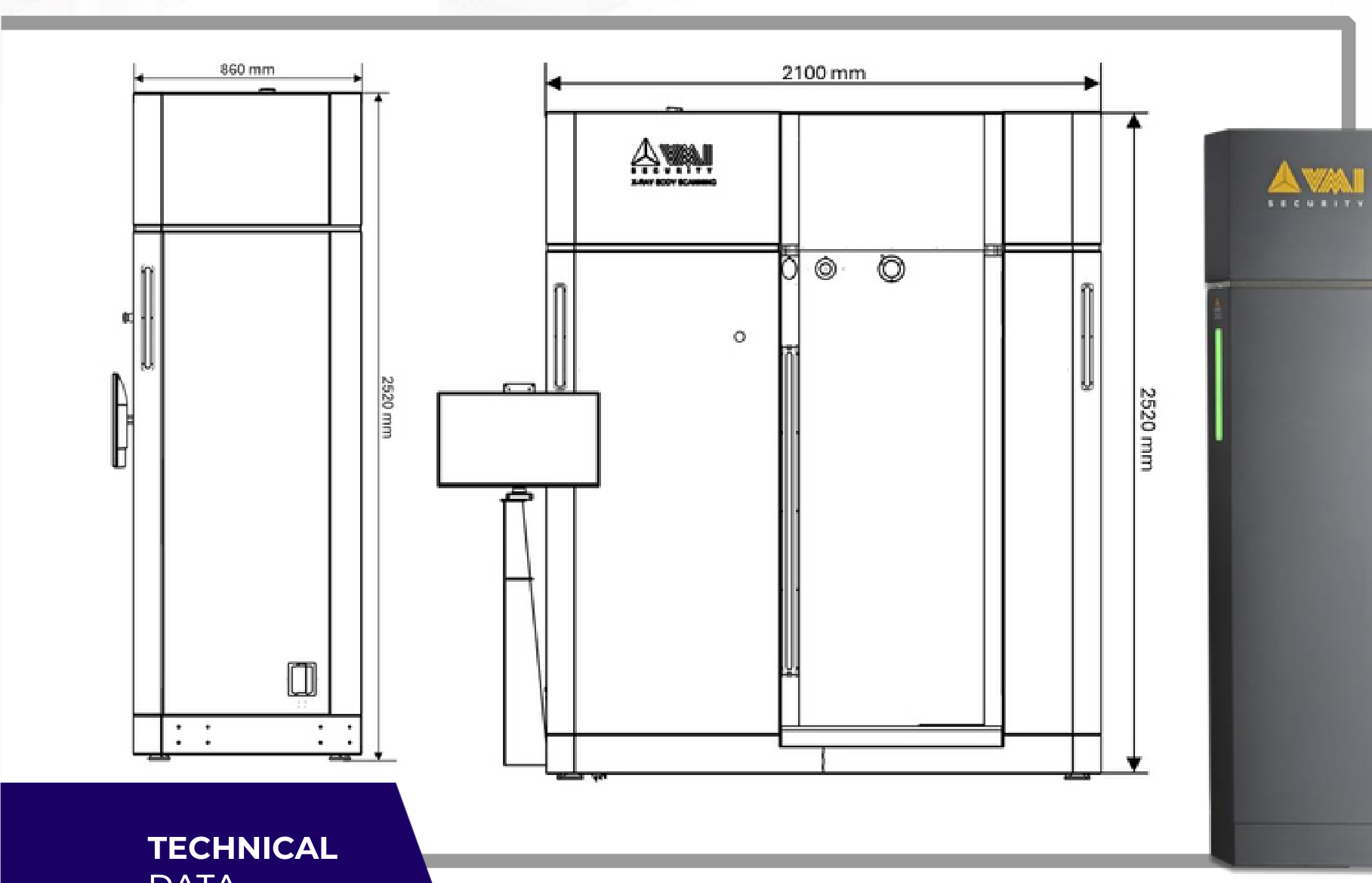 VMI Spectrum Vision technical dimension drawing showing scanner height and width